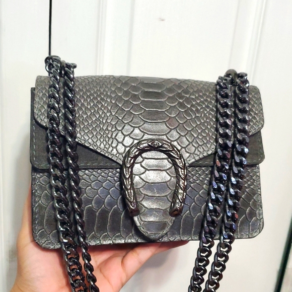 🇮🇹Borse In Pelle Gray Genuine Leather Snake-Embossed Shoulder/Crossbody Bag - Picture 14 of 16